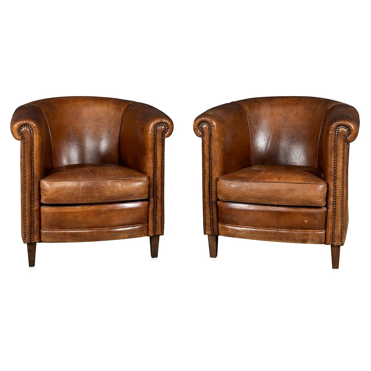 Late 20th Century Pair of Dutch Sheepskin Leather Club Chairs