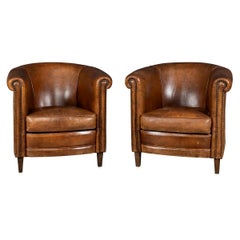 Late 20th Century Pair of Dutch Sheepskin Leather Club Chairs