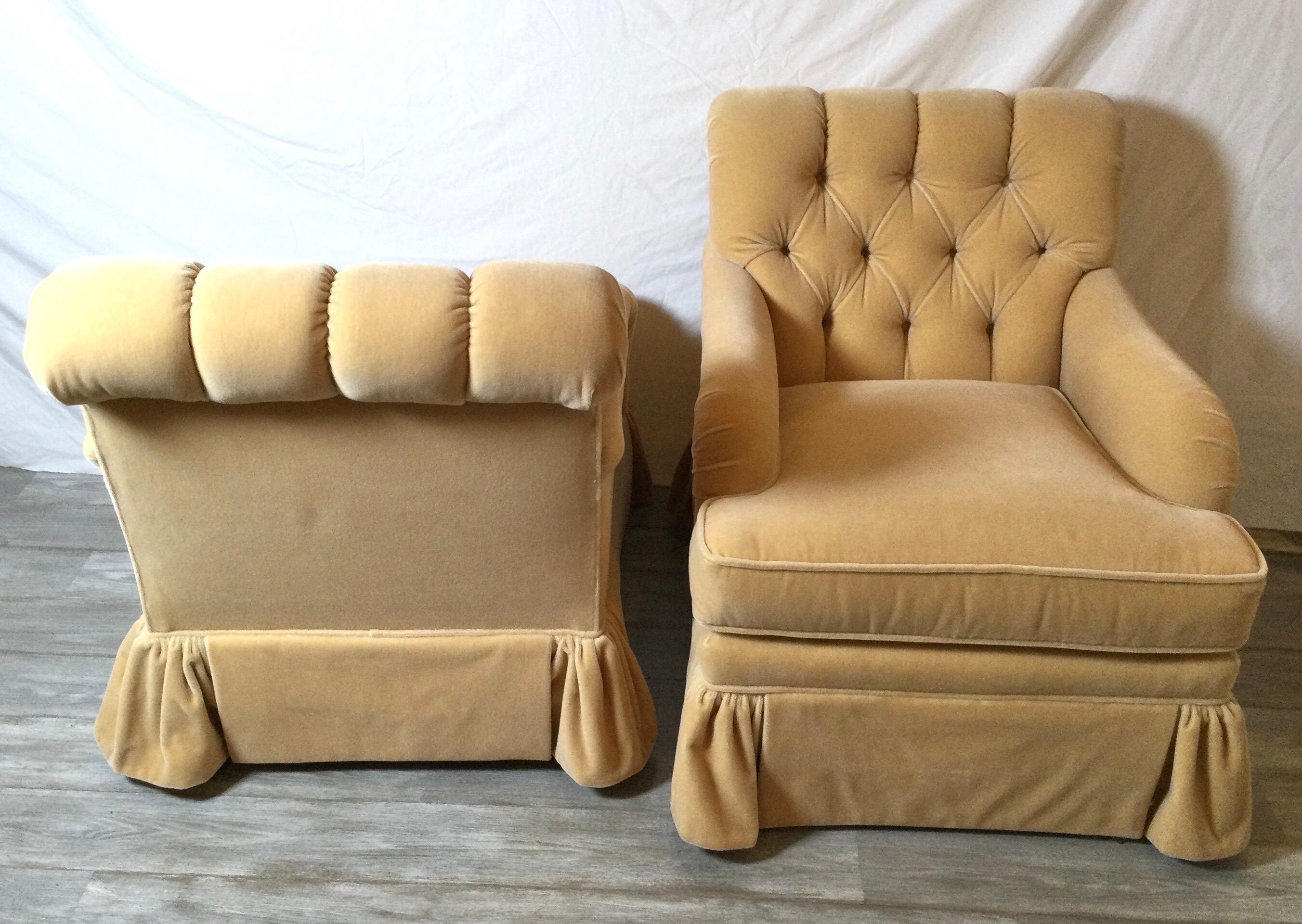 North American Late 20th Century Pair of Fawn Colored Mohair Club Chairs with Tufted Backs