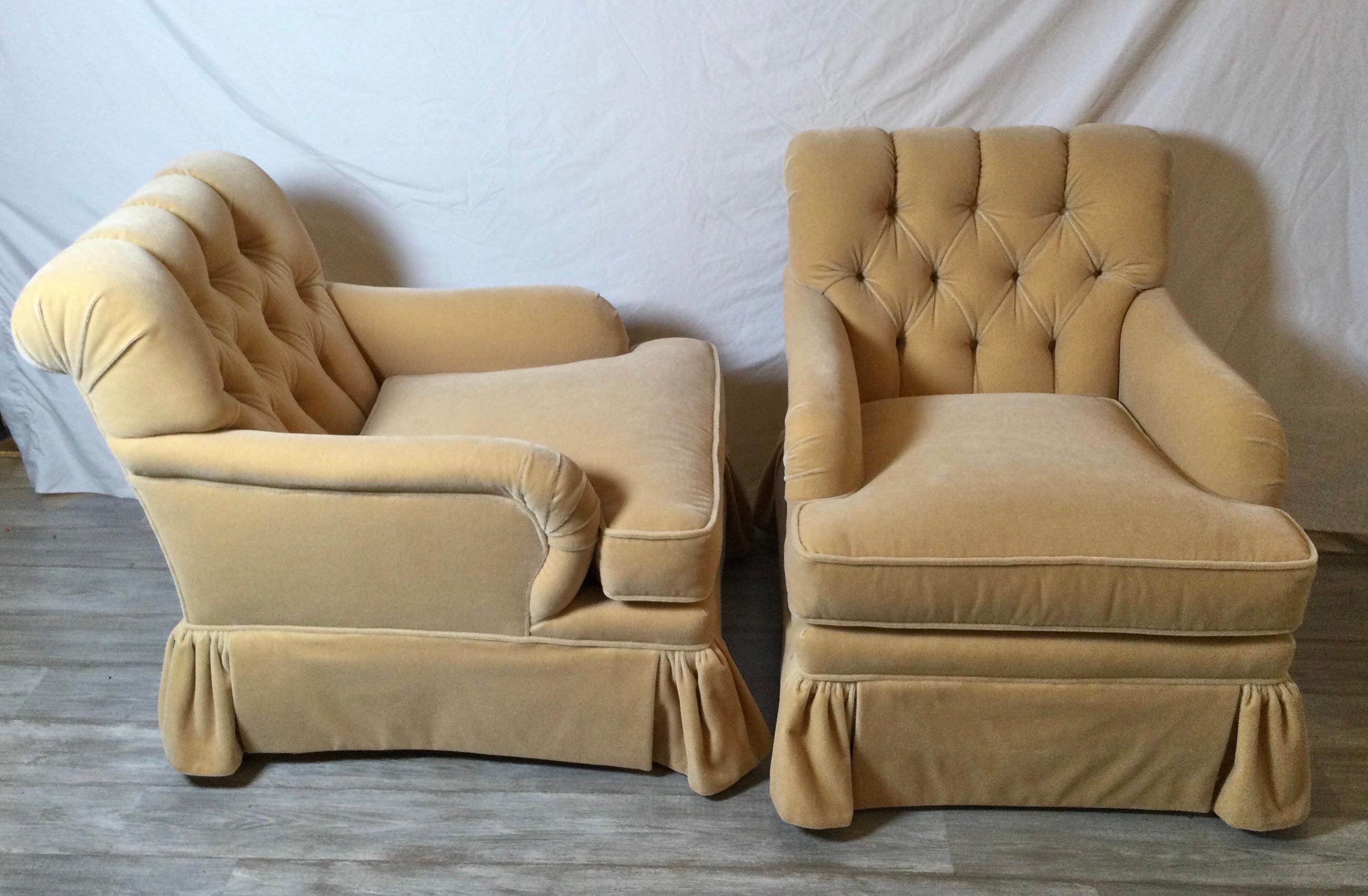 Late 20th Century Pair of Fawn Colored Mohair Club Chairs with Tufted Backs In Excellent Condition In Lambertville, NJ