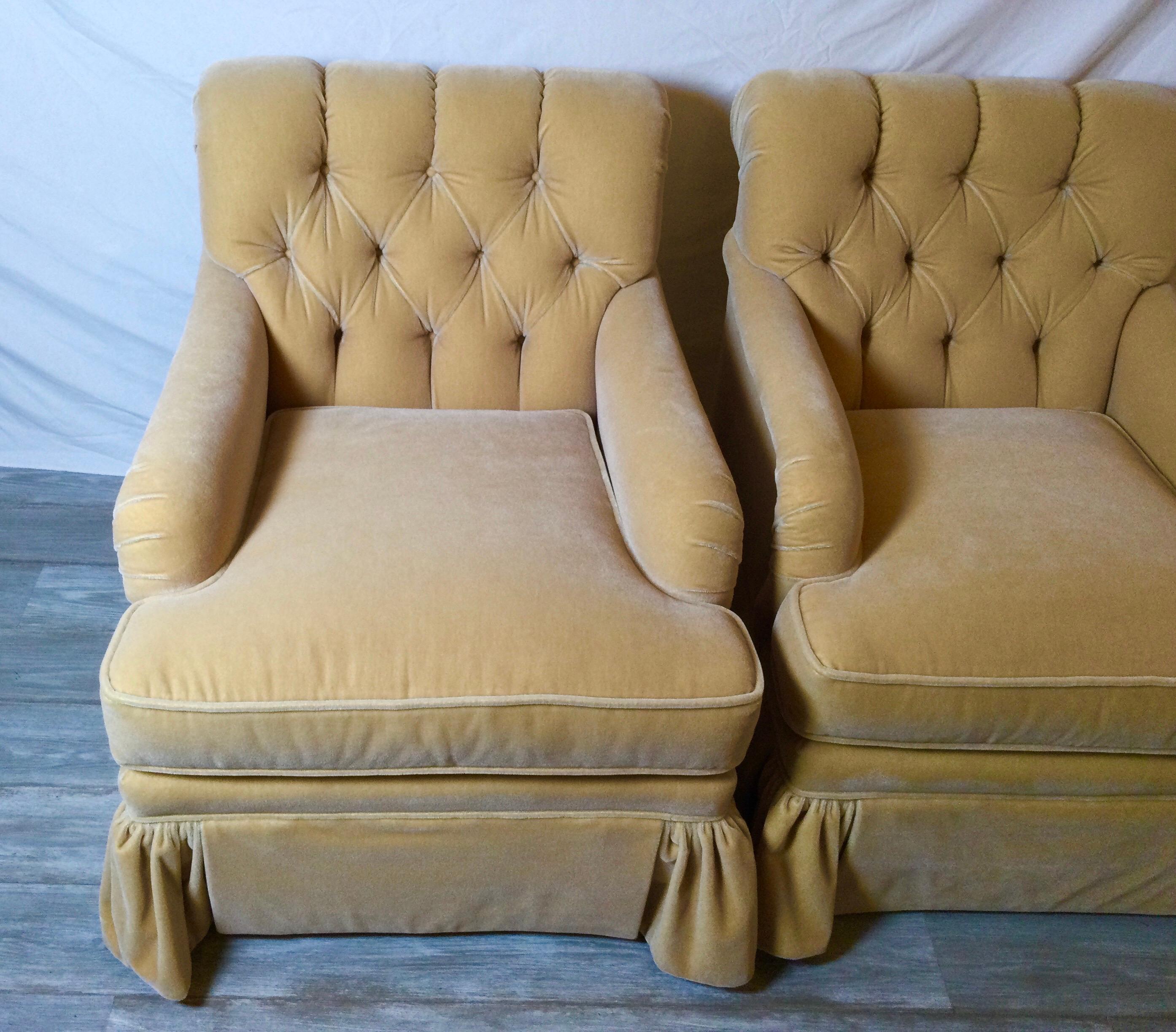 Late 20th Century Pair of Fawn Colored Mohair Club Chairs with Tufted Backs 2