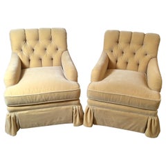 Late 20th Century Pair of Fawn Colored Mohair Club Chairs with Tufted Backs
