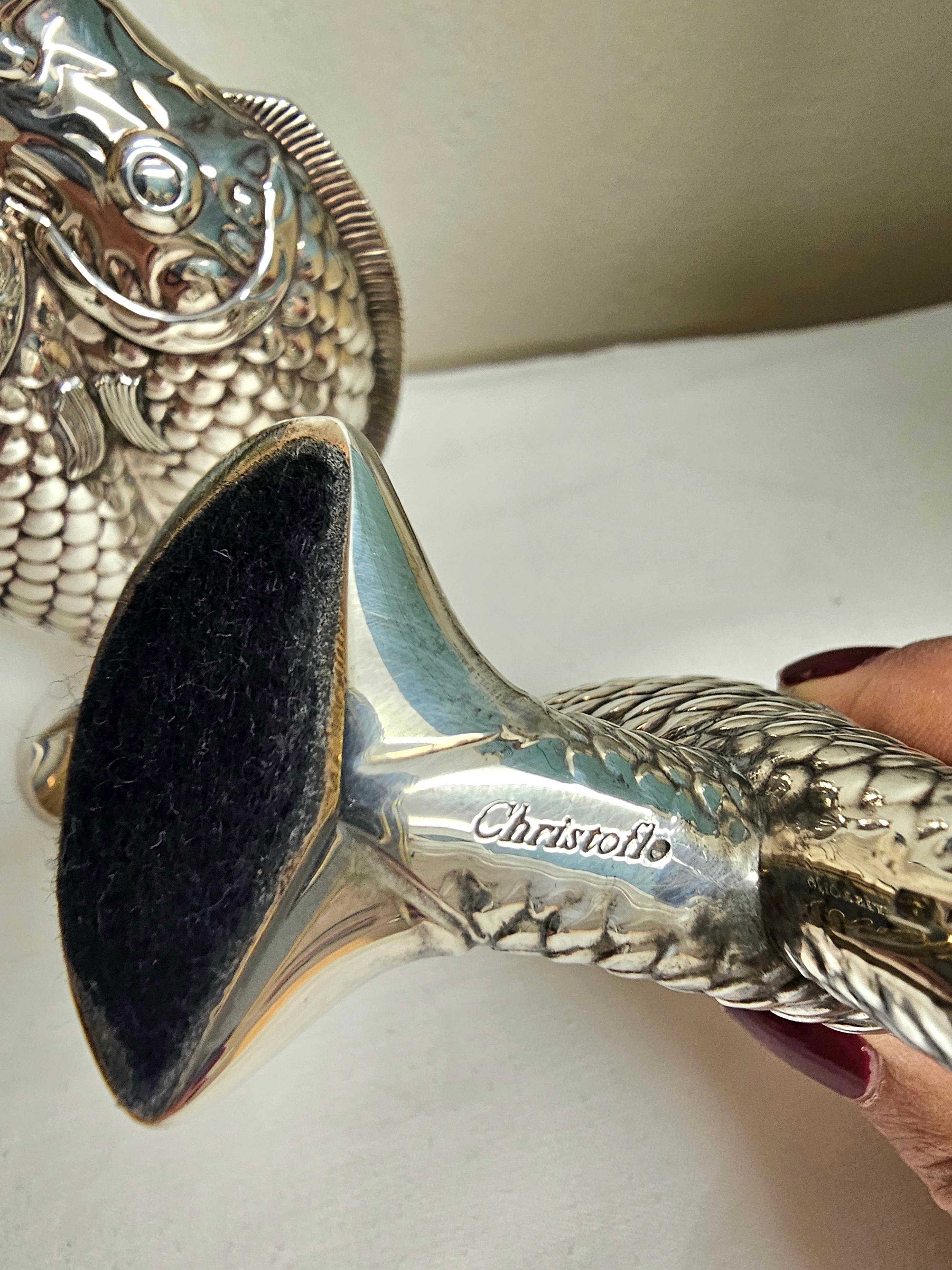 Pair of silver plated metal vases in the form of 2 fishes. Made by Christofle. Hallmarked in the bottom.
Design named 