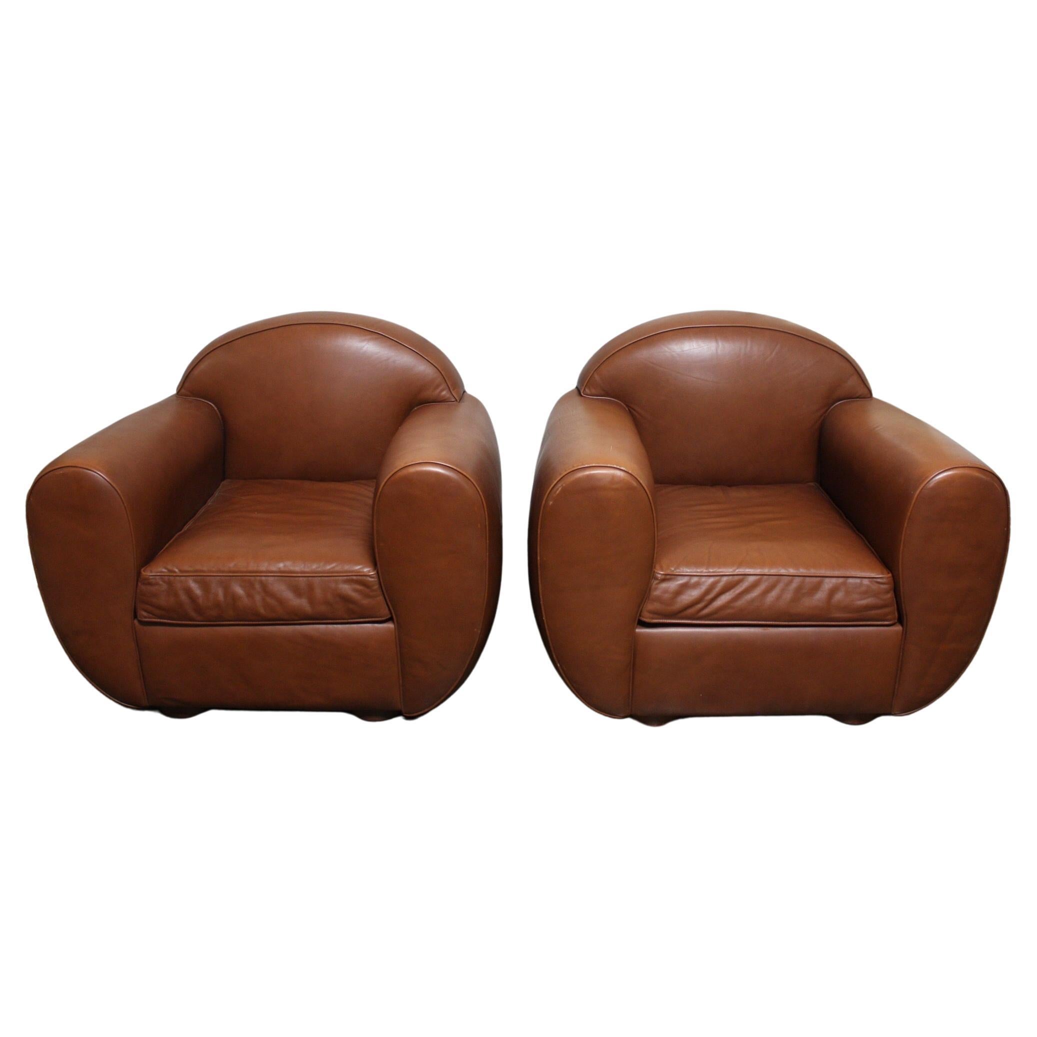Late 20th Century Pair of French Leather Club Chairs For Sale