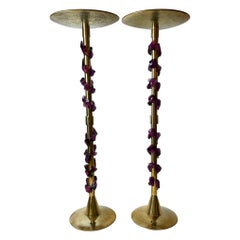 Late 20th Century Pair of Hammered Brass & Purple Murano Glass Rocks Floor Lamps