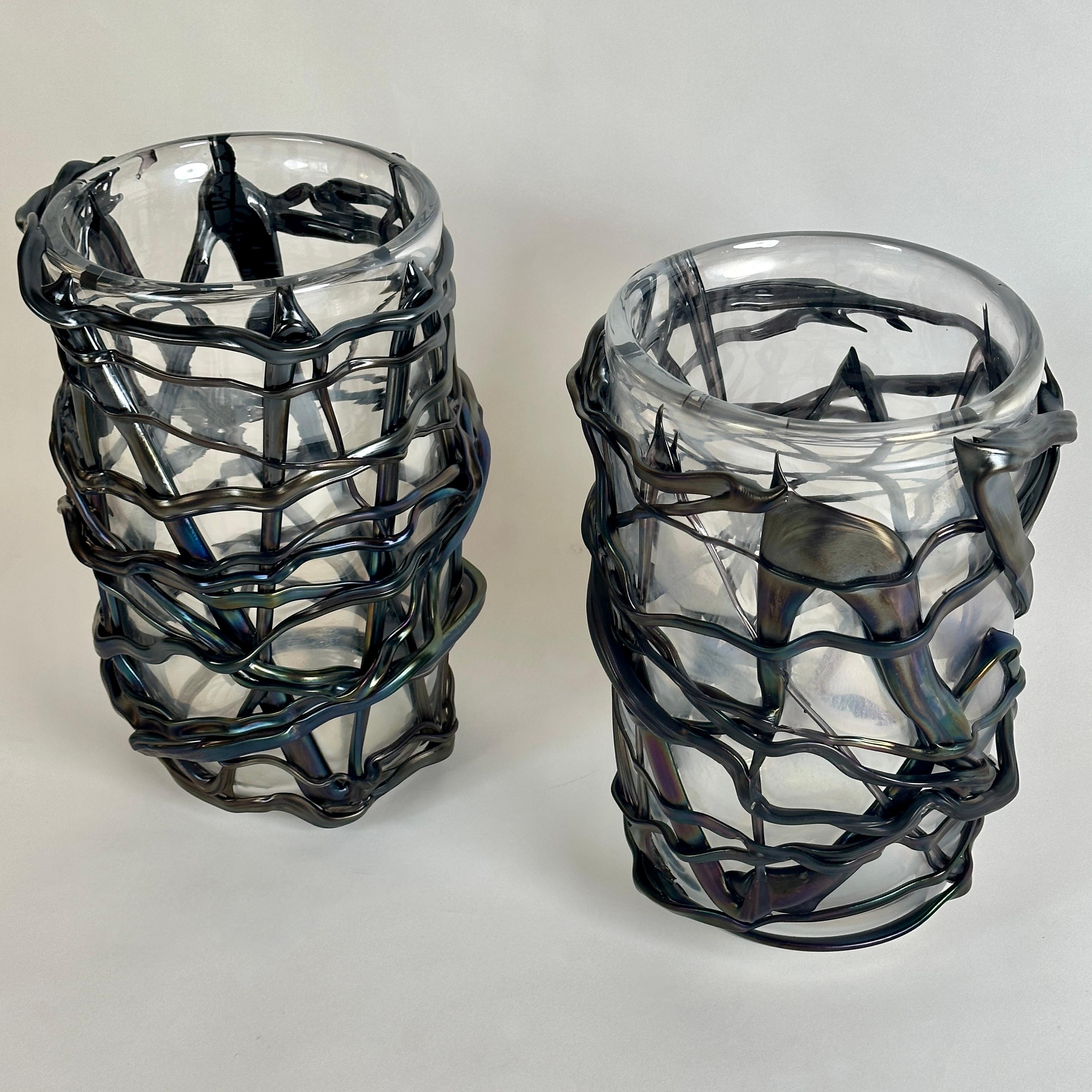 Modern Late 20th Century Pair of Iridescent Murano Glass w/ Black Applications Vases  For Sale