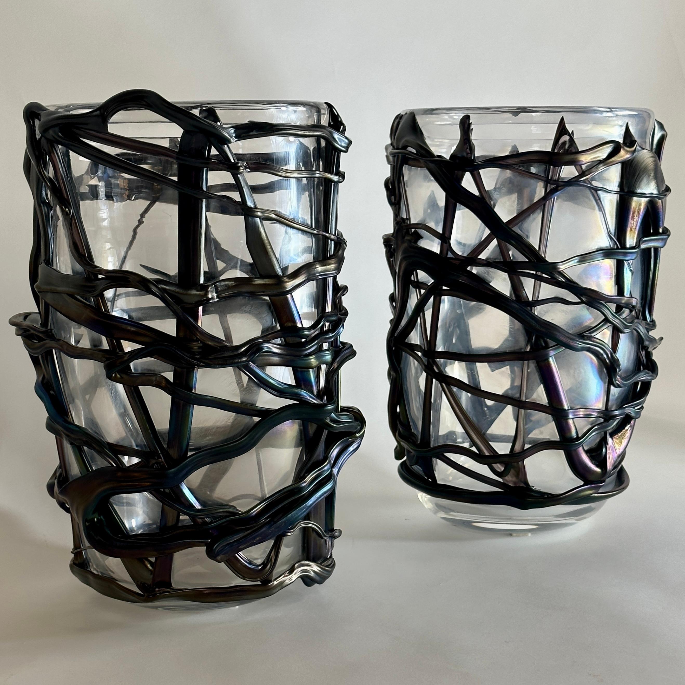 Italian Late 20th Century Pair of Iridescent Murano Glass w/ Black Applications Vases  For Sale