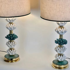 Late 20th Century Pair of Italian Brass w/ Green & White Ceramic Table Lamps
