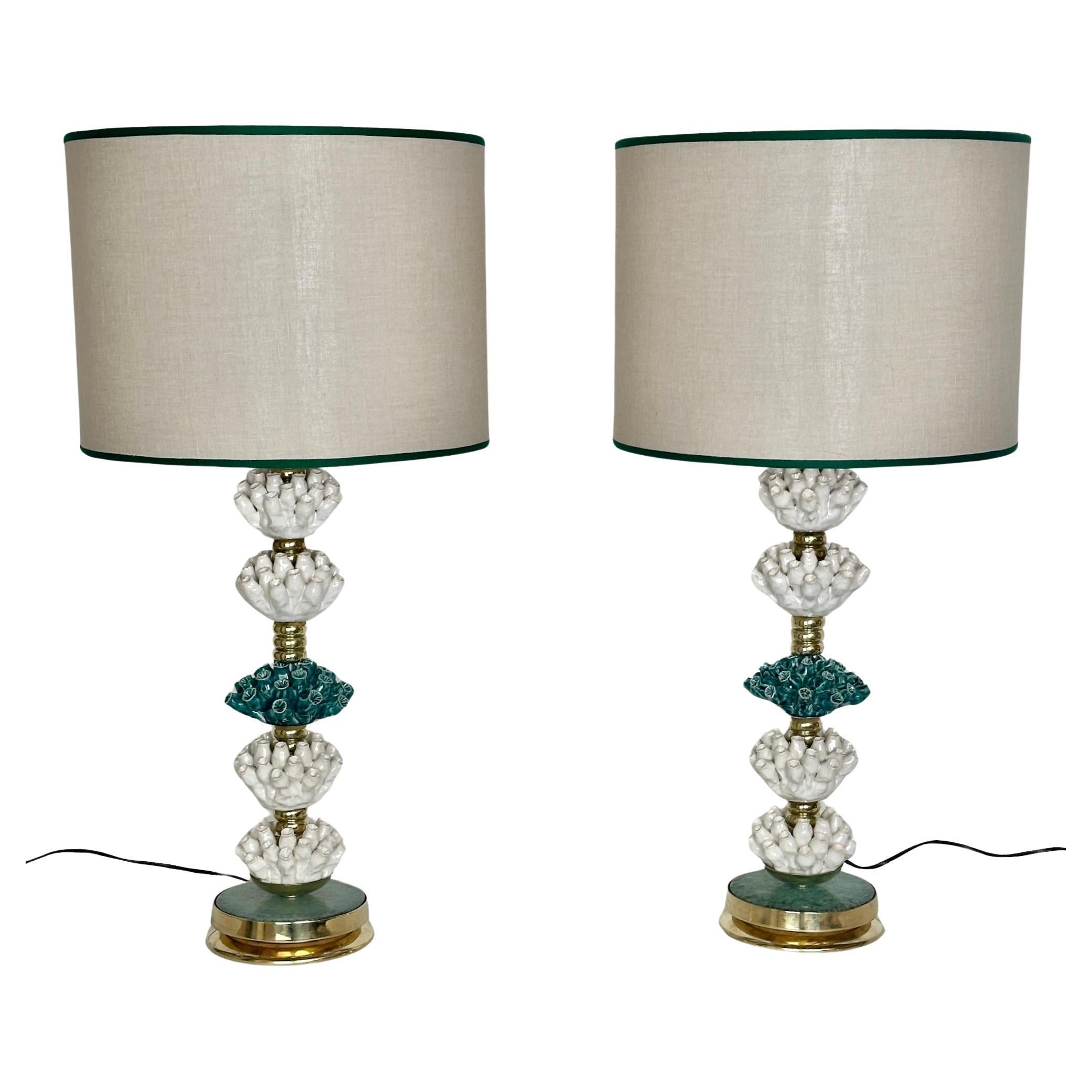 Late 20th Century Pair of Italian Brass w/ Green & White Ceramic Table Lamps