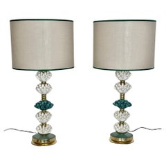 Late 20th Century Pair of Italian Brass w/ Green & White Ceramic Table Lamps
