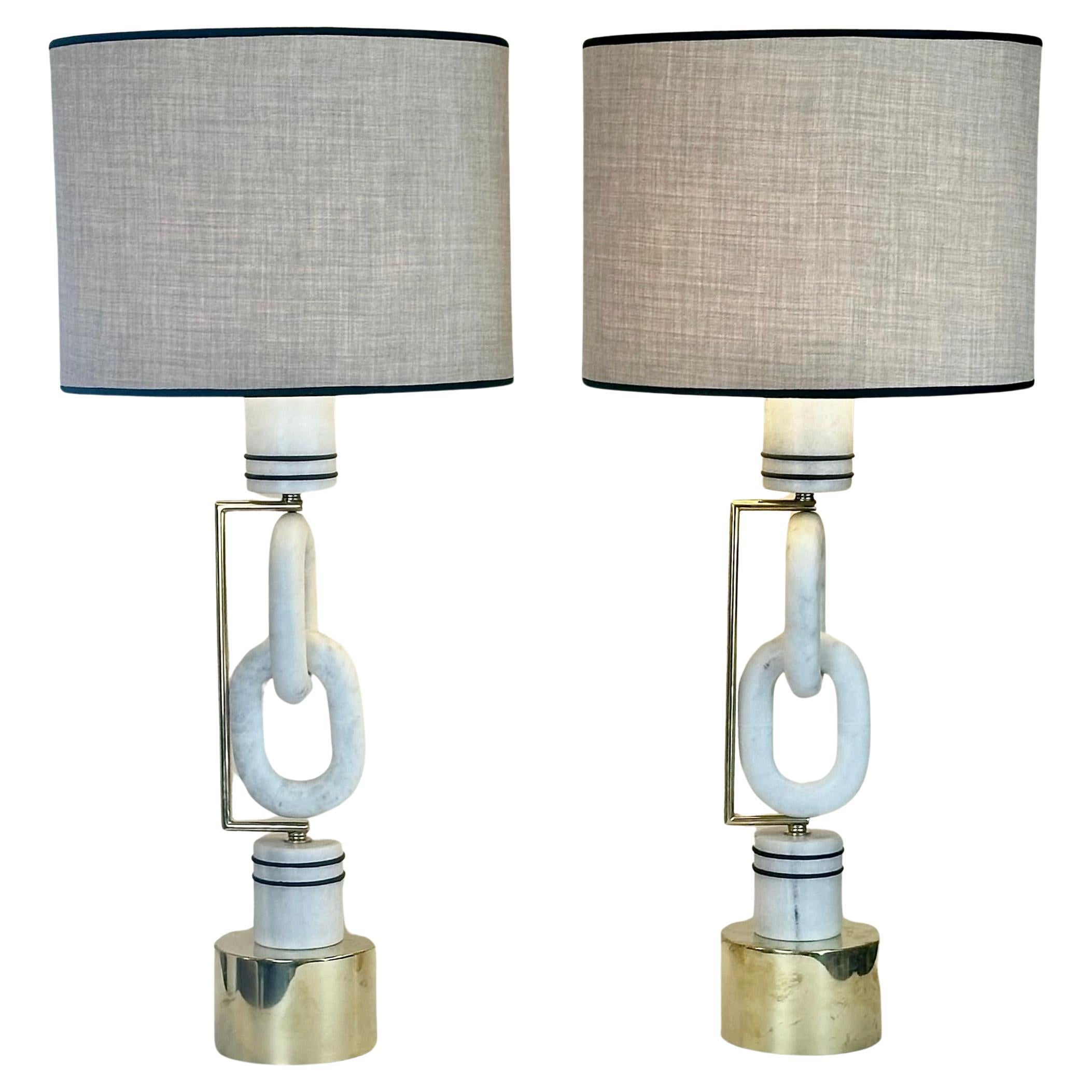 Late 20th Century Pair of Italian Brass & White Carrara Marble Table Lamps