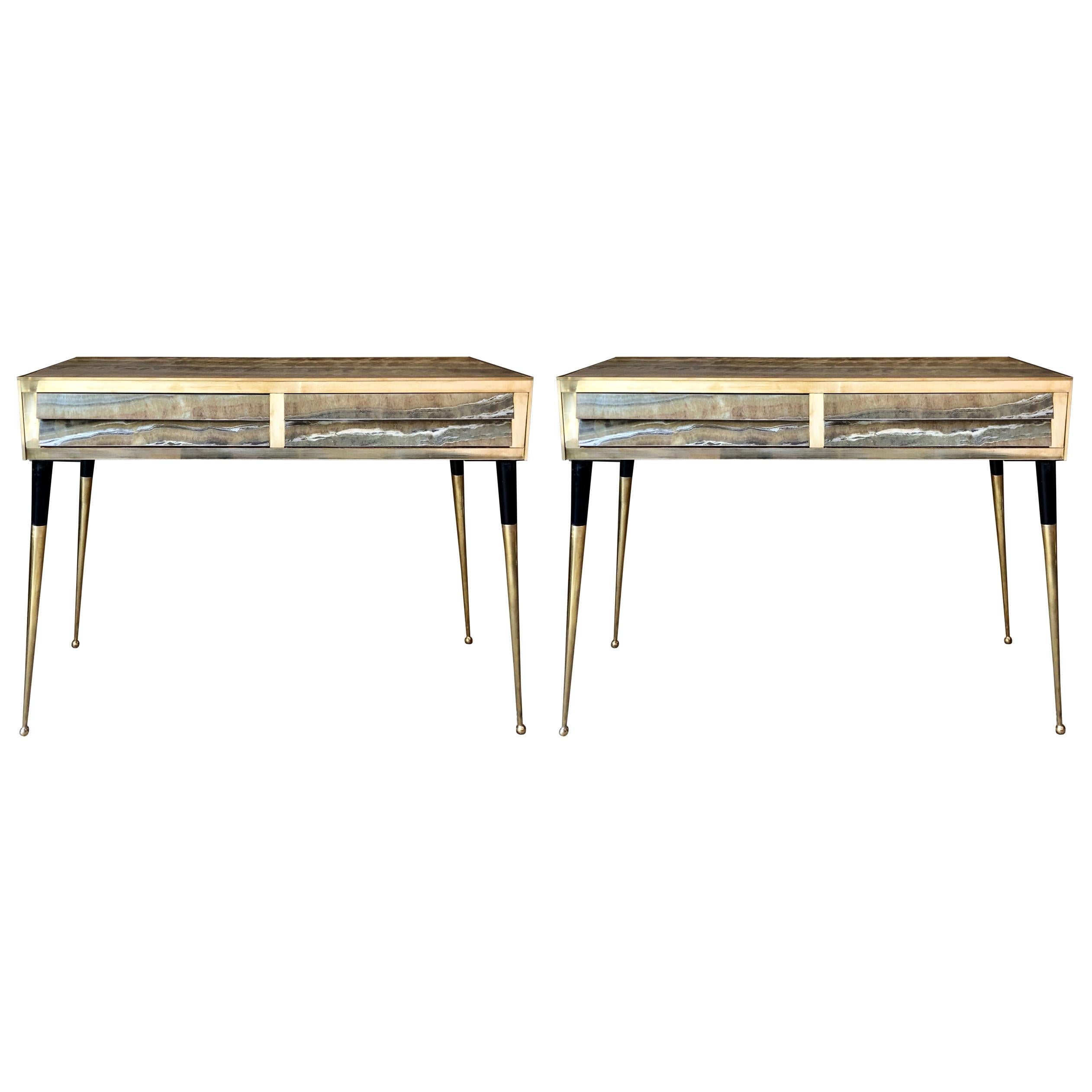 Late 20th Century Pair of Italian Green Faux Onyx Consoles with Brass Details