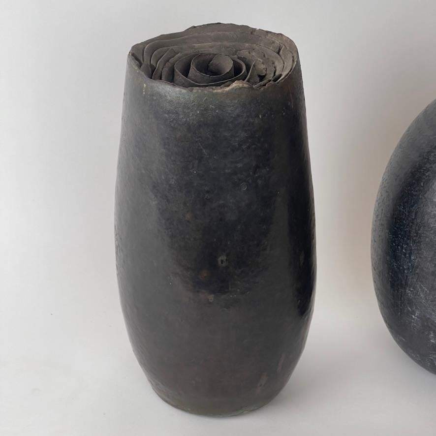Late 20th Century Pair of Italian Sculptural Black Stoneware Vases by L. Leandri For Sale 8