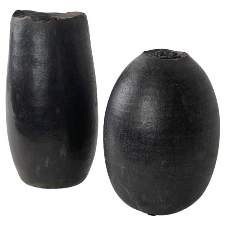 Late 20th Century Pair of Italian Sculptural Black Stoneware Vases by L. Leandri For Sale