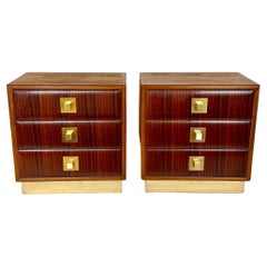 Late 20th Century Pair of Italian Walnut Wood Veneer & Brass Night Stands