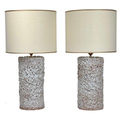 Late 20th Century Pair of Italian White Ceramic Sculptural Table Lamps w/ Shades