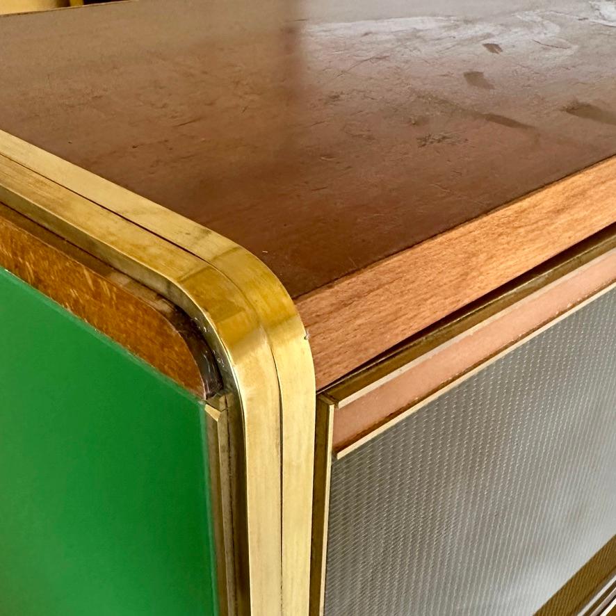 Late 20th Century Pair of Italian Wood, Brass, Mirror & Opaline Glass Cabinets For Sale 6