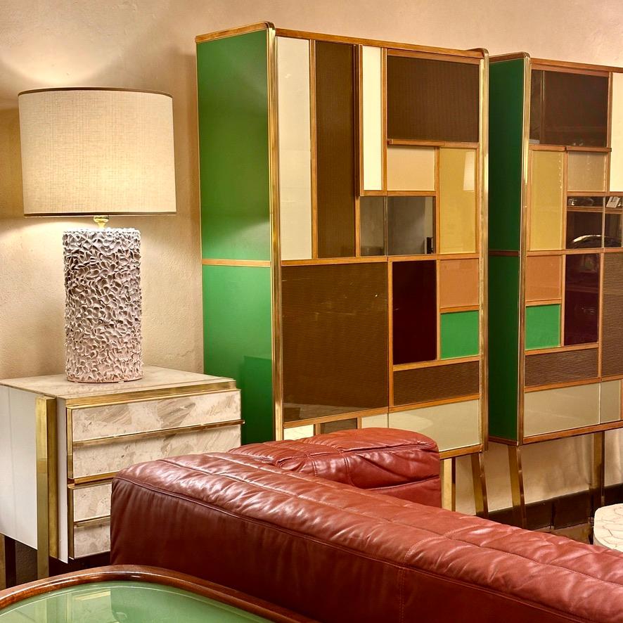 Late 20th Century Pair of Italian Wood, Brass, Mirror & Opaline Glass Cabinets For Sale 8