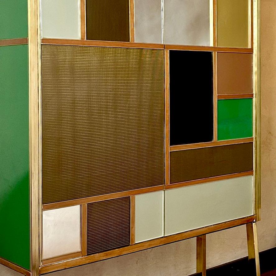 Modern Late 20th Century Pair of Italian Wood, Brass, Mirror & Opaline Glass Cabinets For Sale