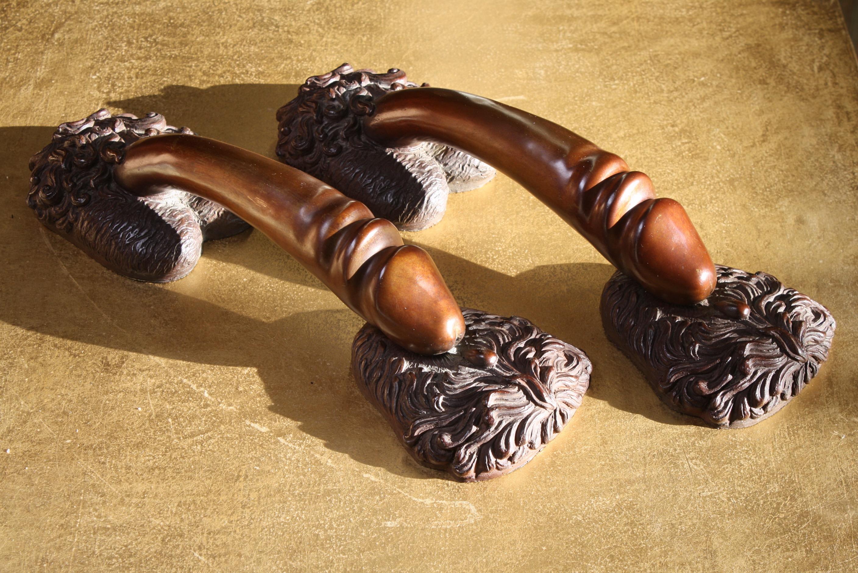 A pair of extremely well cast bronze penis door handles, pulls. Would work well on a large double door or either side of a standard door.

Late 20th century in age

Measures: 31cm in length 
10cm in width 
8cm in depth.