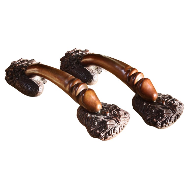Exploding Phallic Devices Late 20th Century Pair of Large Curios Bronze Phallic Door Pulls ...