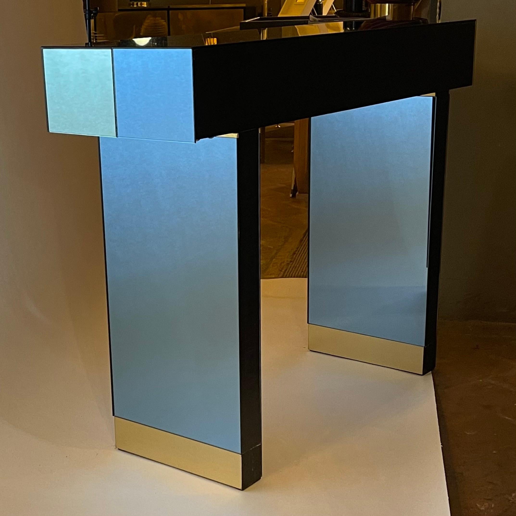Late 20th Century Pair of Light Blue and Green Mirror Console with Brass Details For Sale 5