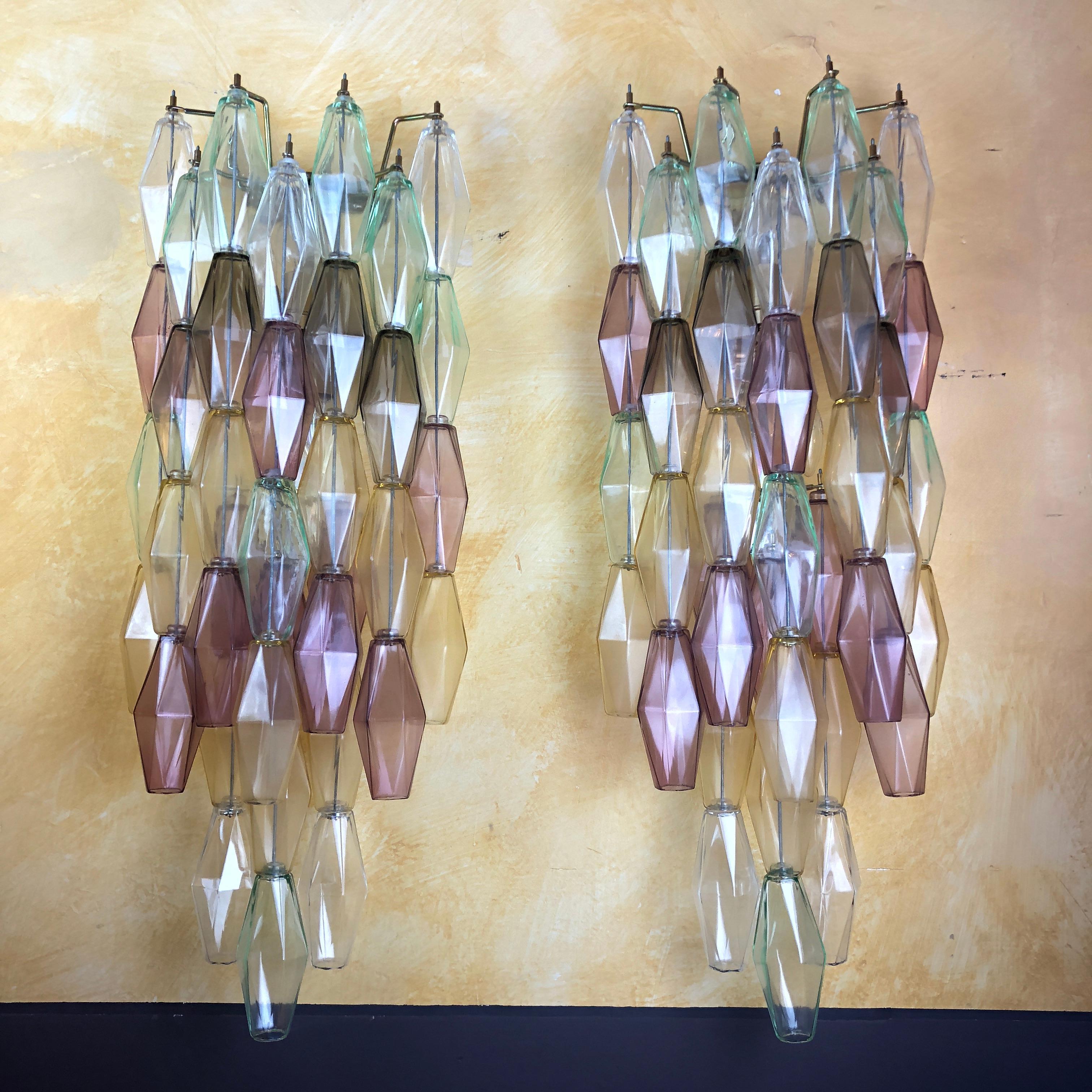 Galvanized Late 20th Century Pair of Long Multi-Color Polyhedron Murano Glass Sconces