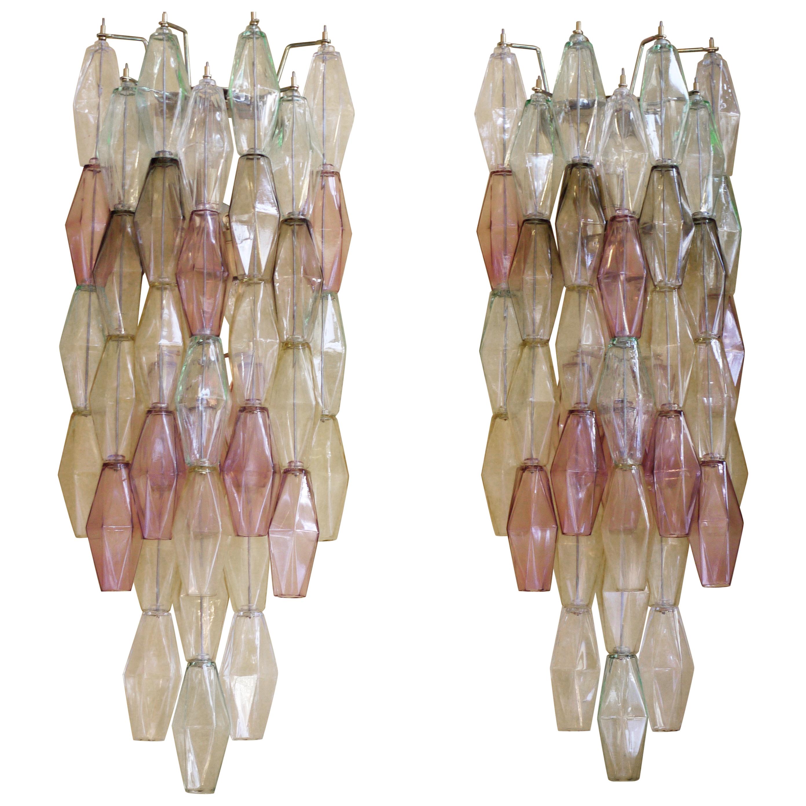 Late 20th Century Pair of Long Multi-Color Polyhedron Murano Glass Sconces