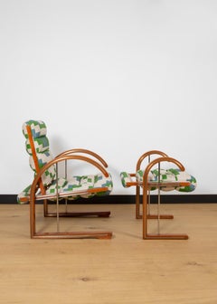 Late 20th Century Pair of Lounge Chairs with Stools in Anni Albers fabric