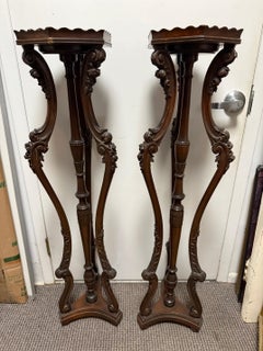 Late 20th Century Pair of Mahogany Carved Wood Pedestals, Plant Stands