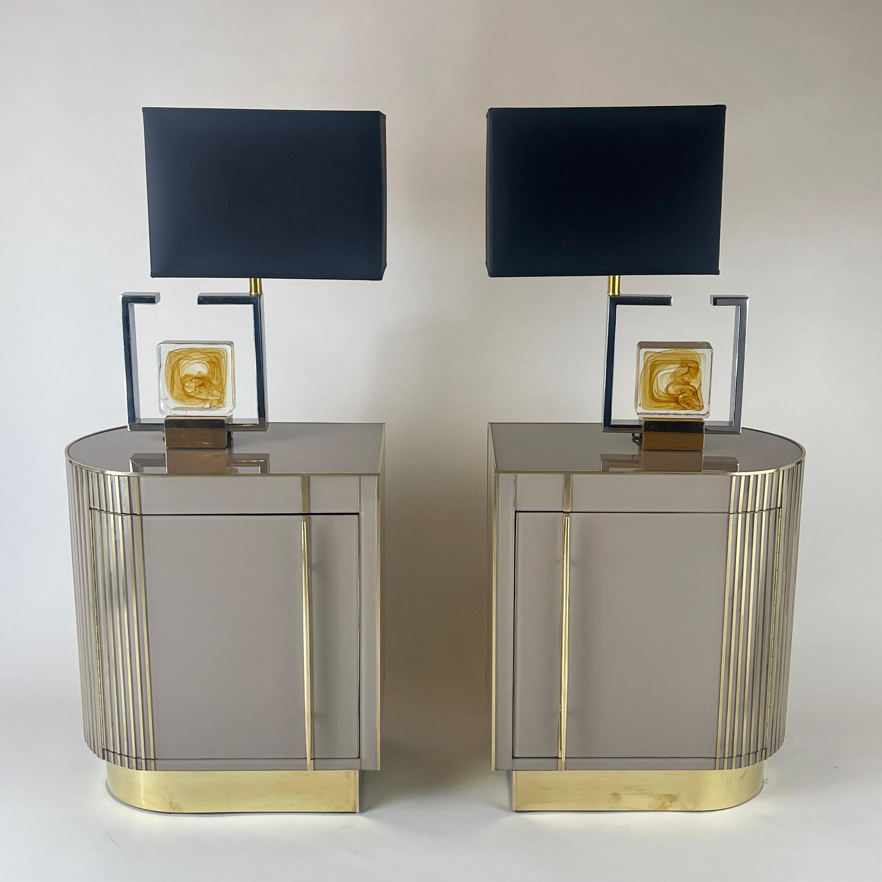 Late 20th Century Pair of Nickel & Brass W/ Yellow Murano Art Glass Table Lamps For Sale 11