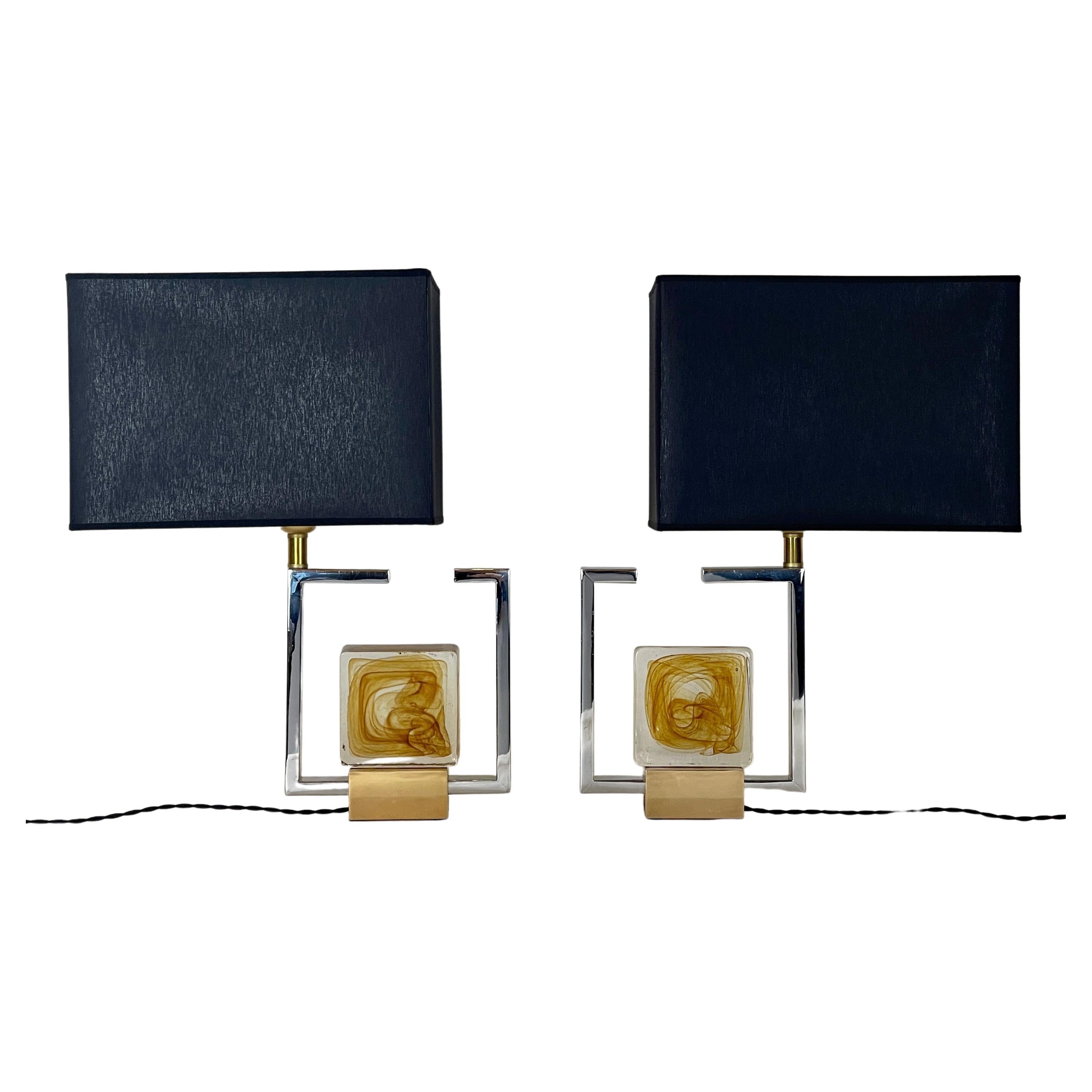 Late 20th Century Pair of Nickel & Brass W/ Yellow Murano Art Glass Table Lamps For Sale