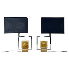 Late 20th Century Pair of Nickel & Brass W/ Yellow Murano Art Glass Table Lamps
