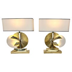 Late 20th Century Pair of Pleated Brass & White Alabaster Table Lamps w/ Shades