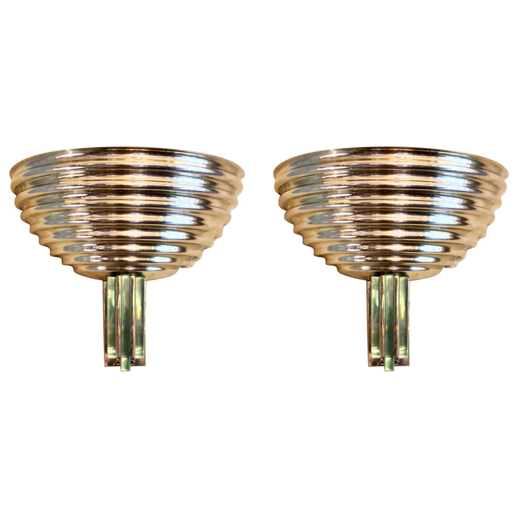 Late 20th Century Pair of Ribbed Gold Metal and Emerald Green Glass Sconces