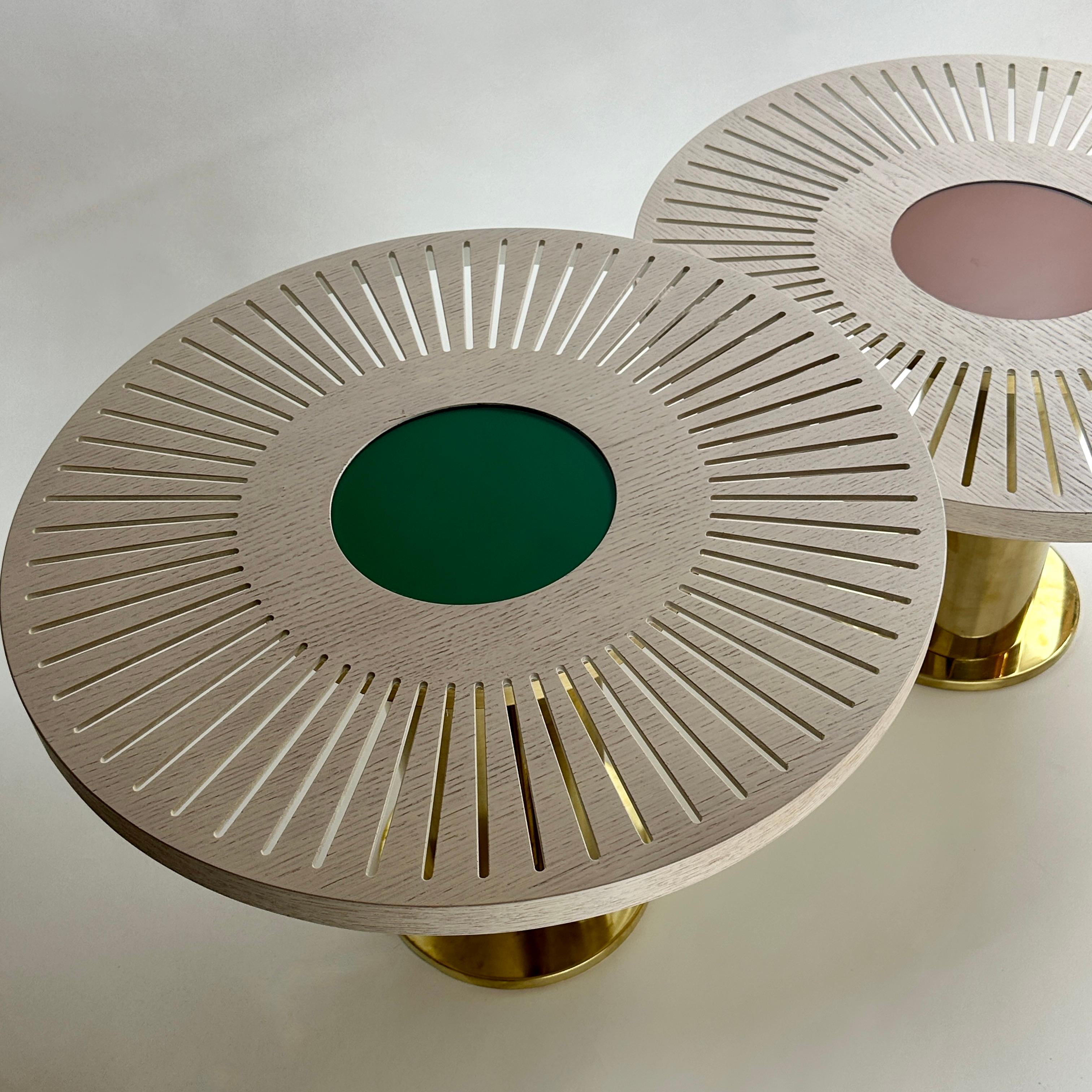 Modern Late 20th Century Pair of Round Ash Wood w/ Opaline Glass & Brass Coffee Tables For Sale