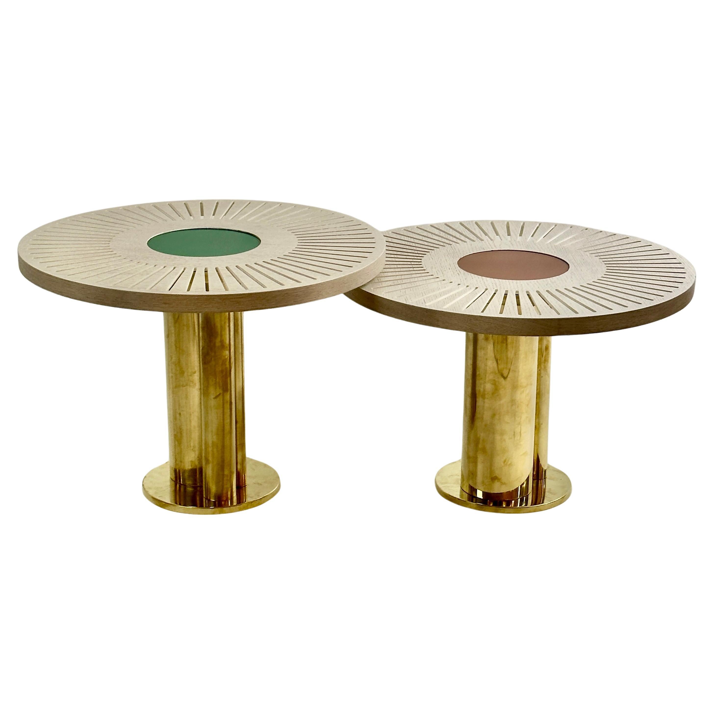 Late 20th Century Pair of Round Ash Wood w/ Opaline Glass & Brass Coffee Tables For Sale