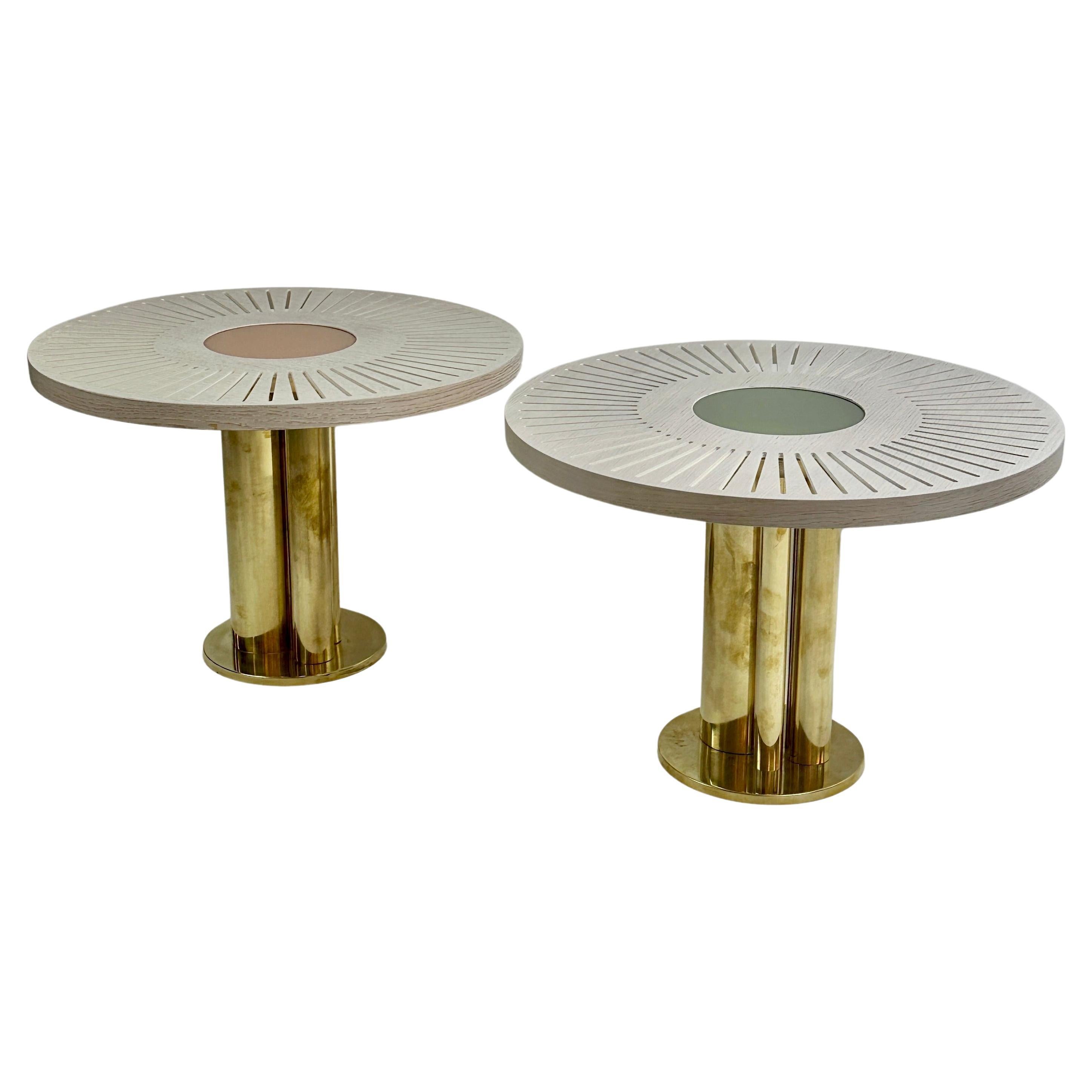 Late 20th Century Pair of Round Ash Wood w/ Opaline Glass & Brass Side Tables For Sale