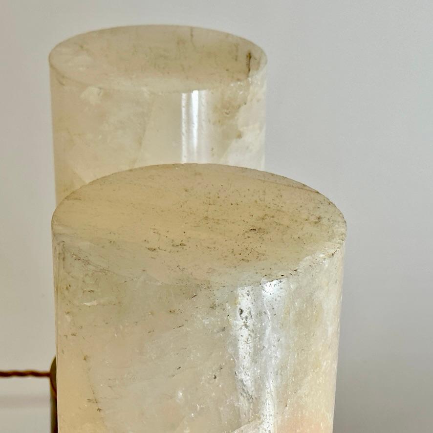 Late 20th Century Pair of Round Brass & White Rock Crystal Stone Table Lamps For Sale 2