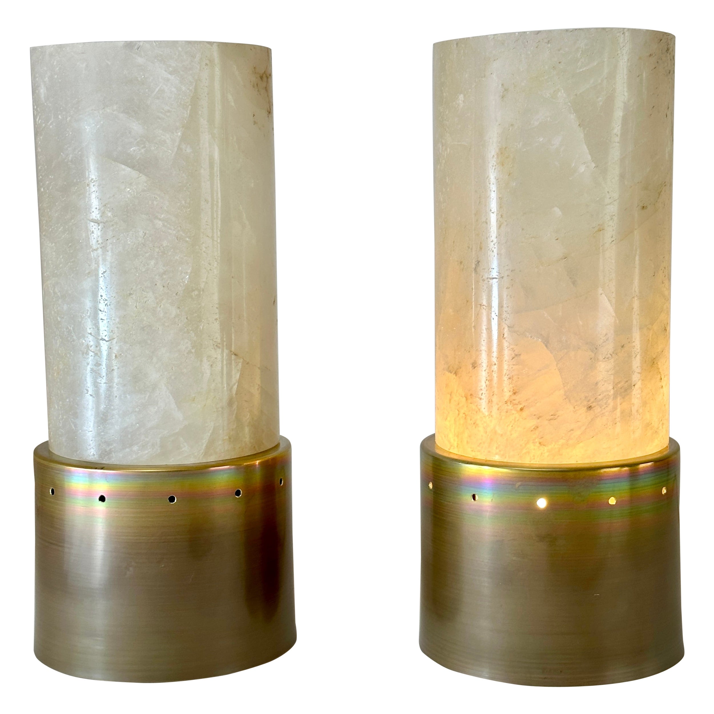 Late 20th Century Pair of Round Brass 
White Rock Crystal Stone Table Lamps For Sale