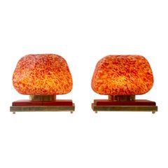 Vintage Late 20th Century Pair of Sculptural Red Murano Art Glass 
Brass Table Lamps