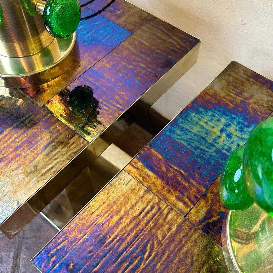 Late 20th Century Pair of Squared Blue Murano Art Glass & Brass Side Tables For Sale 4