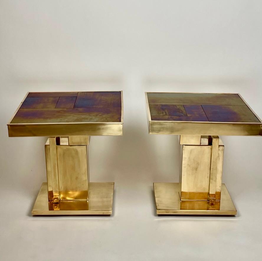 Late 20th Century Pair of Squared Blue Murano Art Glass & Brass Side Tables For Sale 3