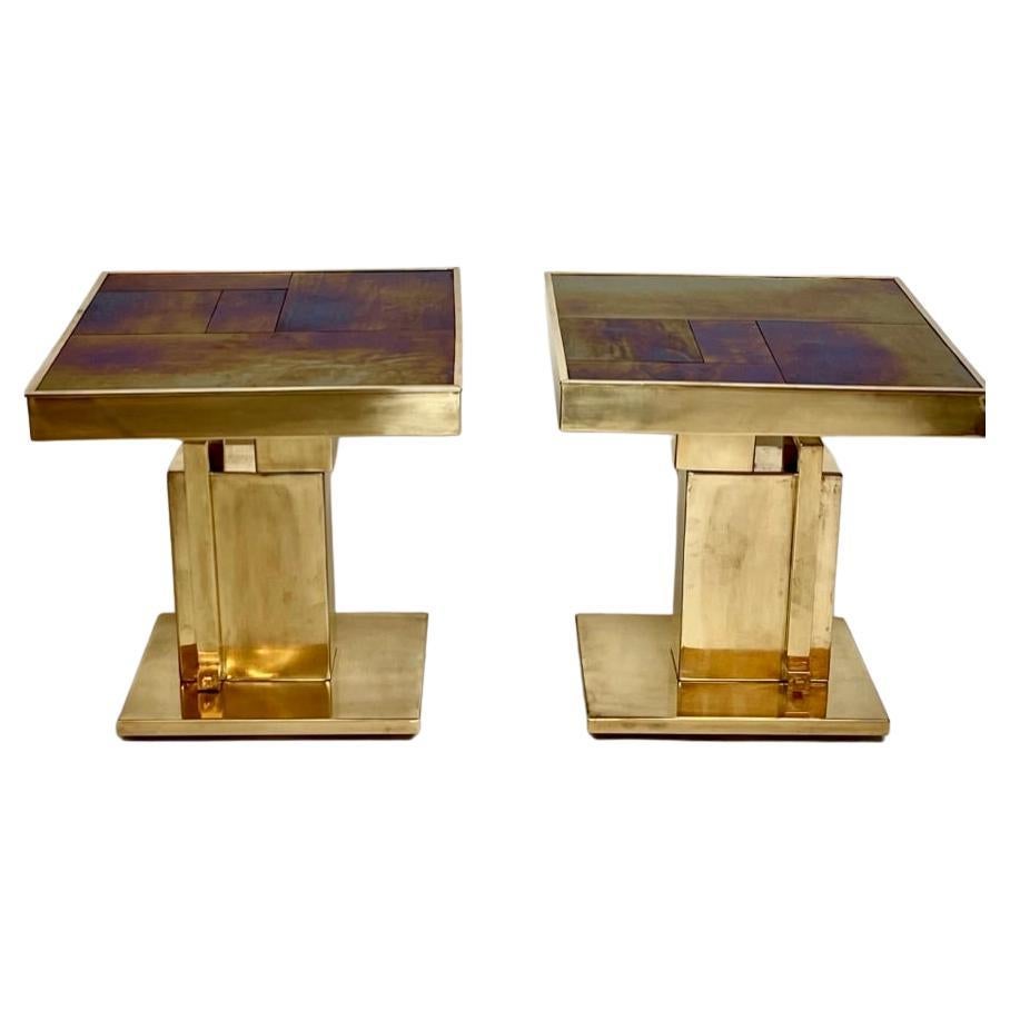 Late 20th Century Pair of Squared Blue Murano Art Glass & Brass Side Tables For Sale