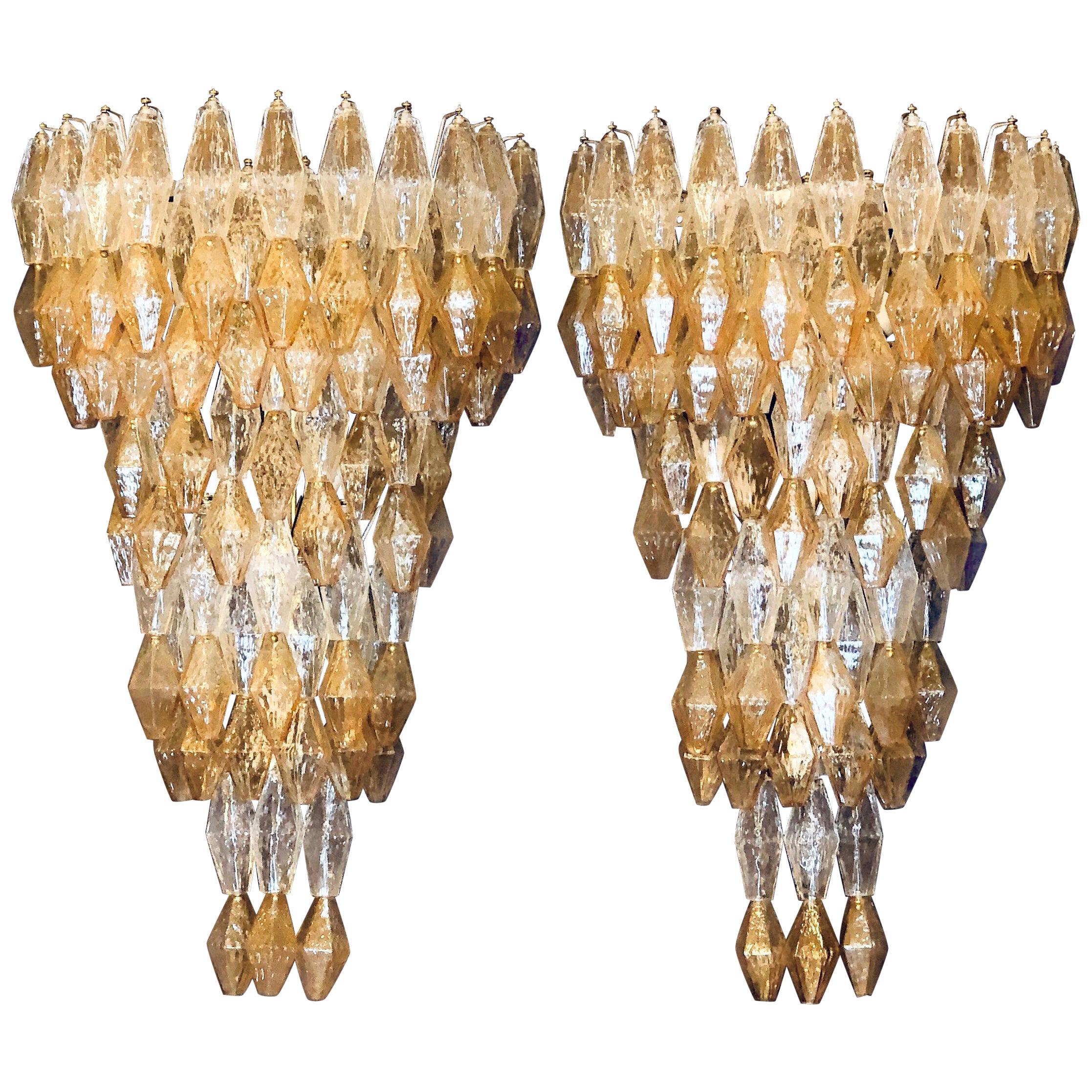 Late 20th Century Pair of Transparent and Amber Polyhedrons Murano Glass Sconces For Sale