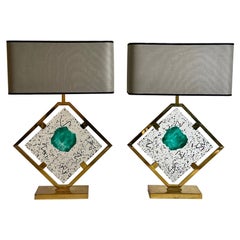 Late 20th Century Pair of Transparent/Green Murano Art Glass 
Brass Table Lamps