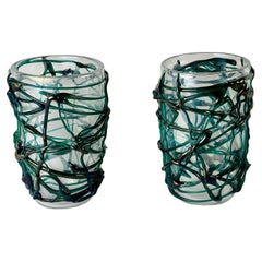Late 20th Century Pair of Transparent & Green Murano Art Glass Vases