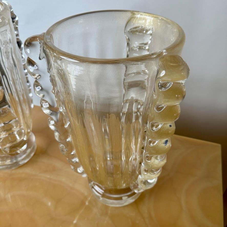 Modern Late 20th Century Pair of Transparent w/ Gold Glittering Murano Art Glass Vases For Sale