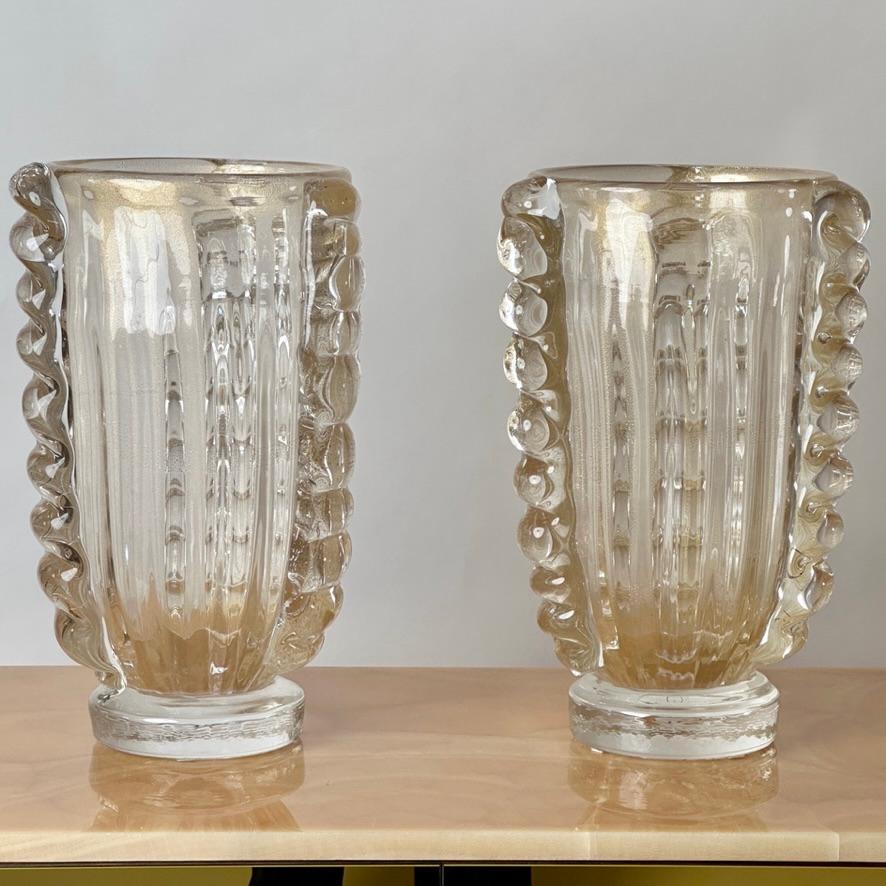 Late 20th Century Pair of Transparent w/ Gold Glittering Murano Art Glass Vases For Sale 2