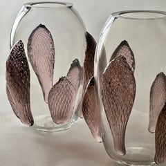 Late 20th Century Pair of Transparent w/Pink Murano Art Glass Applications Vases